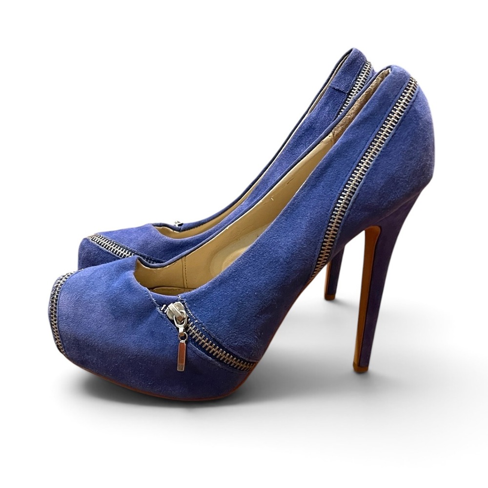 Y2K Colin Stuart Victorias Secret Zipper Platform Pumps 8 Blue Suede Stilettos - Picture 3 of 7